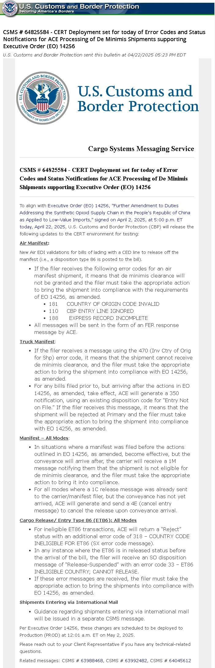 美国海关：新版T86清关模式将于5月2日正式上线