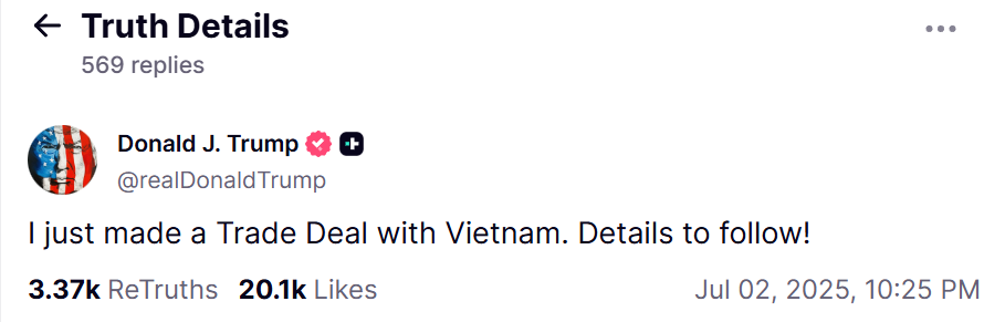 特朗普:美国与越南达成贸易协议!转口贸易关税40% 2 特朗普:美国与越南达成贸易协议!转口贸易关税40%