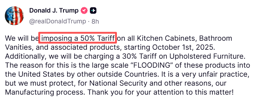 最高100%!特朗普宣布新一轮高额关税,进口建材、家具首当其冲 4 最高100%!特朗普宣布新一轮高额关税,进口建材、家具首当其冲