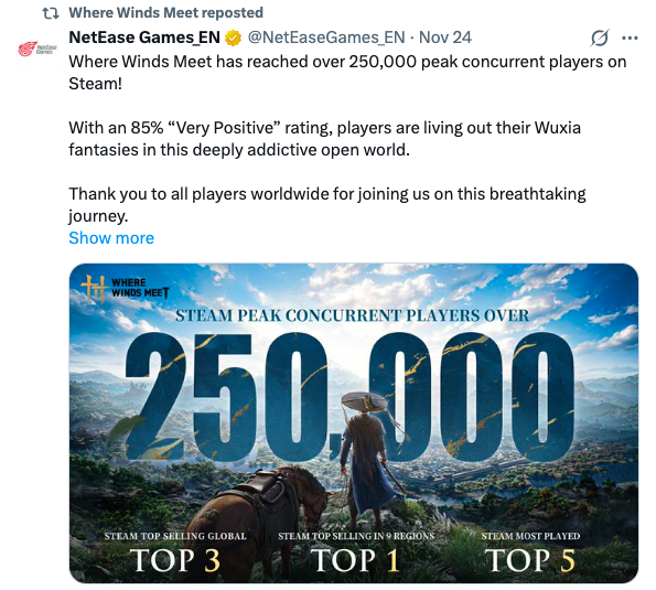 16个地区登顶、24小时玩家200万，《燕云十六声》是下一个现象级出海游戏吗？