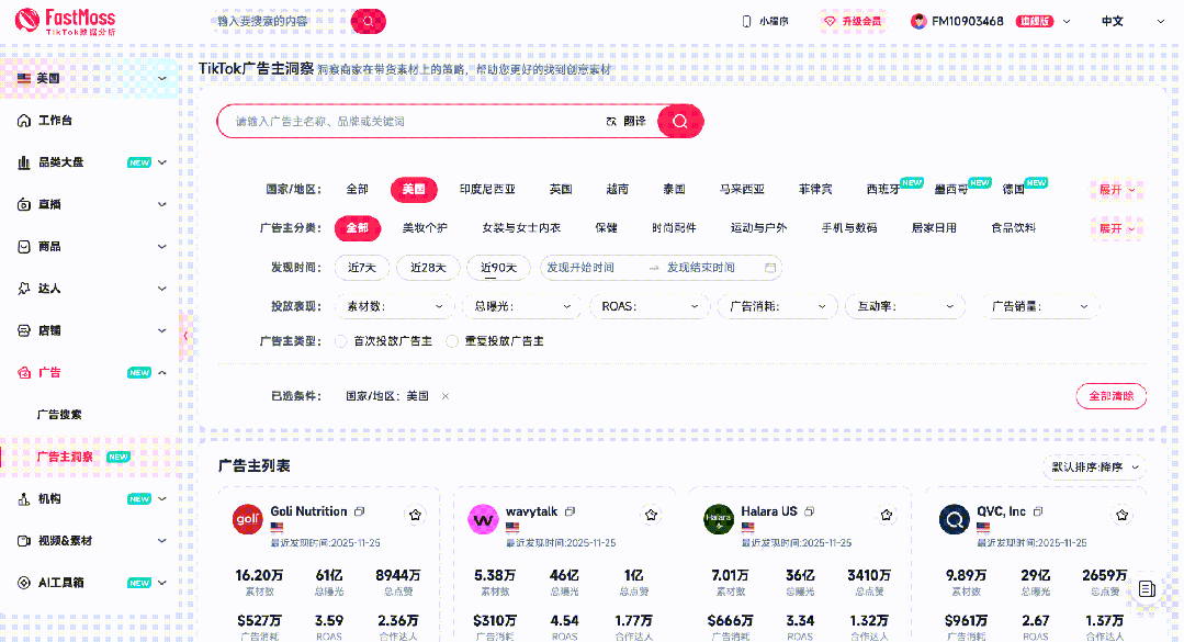 一键解析竞对广告投流核心策略！FastMoss升级“广告主洞察”功能，360度透视竞争对手的超级雷达！