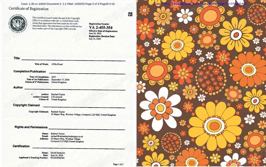25-cv-14634，小雏菊花卉图有危险！艺术家Rachael Taylor发案！