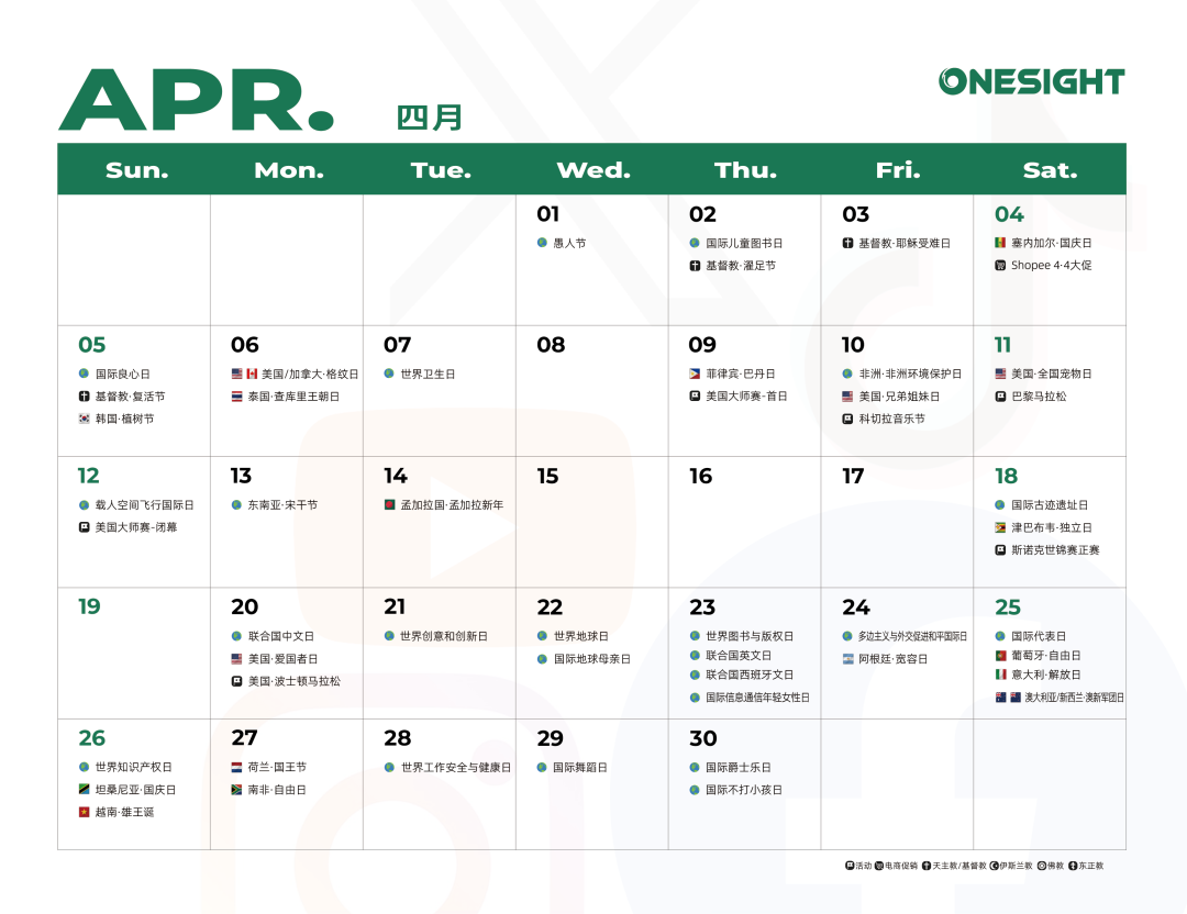 4月海外营销日历：复活节，世界创意和创新日，全国宠物日，世界地球日，联合国中文日...
